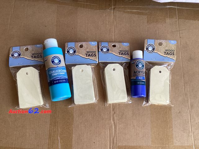 Lot 44-7727j - Lot of (4) 8 piece pack of wood tags, (1) 1.96oz bottle of blue acrylic paint, (1) 4oz bottle of blue chalkboard craft paint.  Appears New, ...