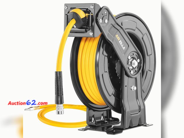 Lot 44-2527e - $149.99 Retail price - AIRZILLA Premium Steel Retractable Air Hose Reel With Dual Arm, 3/8"x65Ft Hybrid Polymer Hose, Heavy Duty Air Hose Re...