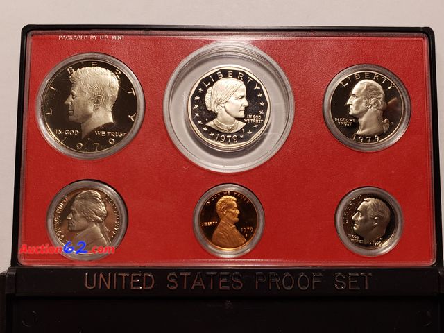 Lot 44-8526g - 1979 PROOF SET W/SUSAN B. ANTHONY DOLLAR, KENNEDY HALF, WASHINGTON QUARTER, ROOSEVELT DIME, JEFFERSON NICKEL AND LINCOLN CENT. MINTED IN SAN...