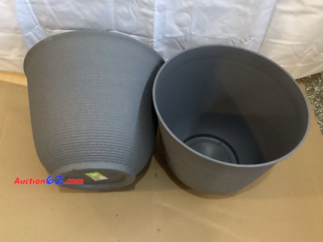 Lot 44-7708i - Lot of (2) 14” wide x 11” height grey plastic planters.  Appears New, A basic inspection has been given to this item. Sold AS-IS. See All Ph...