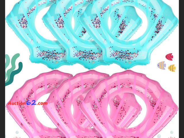 Lot 44-6797b - Sratte 6 Pcs Shell Pool Float for Kids Glitter Pool Swimming Ring Inflatable, Blue, Pink Appears New