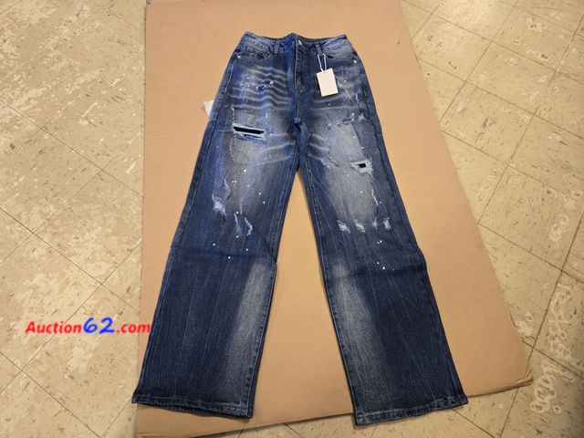 Lot 44-6508r - Size Medium Flamingals Women's Straight Leg Mid Rise Ripped Jeans for Women Casual Wide Leg Denim Pants Navy Blue Appears New, A basic inspe...