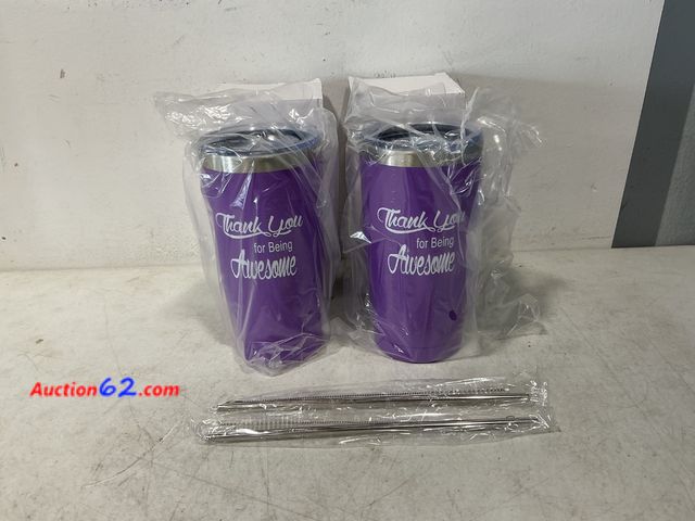 Lot 44-813 - Set of 2 Purple Tumblers "Thank You for Being Awesome" with Straws Not Tested See All Photo's Appears New, A basic inspection has been given...