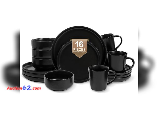 Lot 44-821i - 1 BROKEN CUP. EWFEN 16-Piece Ceramic Dinnerware Sets with Mugs for 4, Black Plates and Bowls Set with Classic Design, Scratch Resistant Dish...