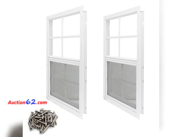 Lot 44-675o - NeatiEase 2 Pack Shed Window, 14" x 21" Flush Mount Window with Tempered Glass and Fiberglass Screen for Shed, Chicken Coop, Playhouse, Hous...