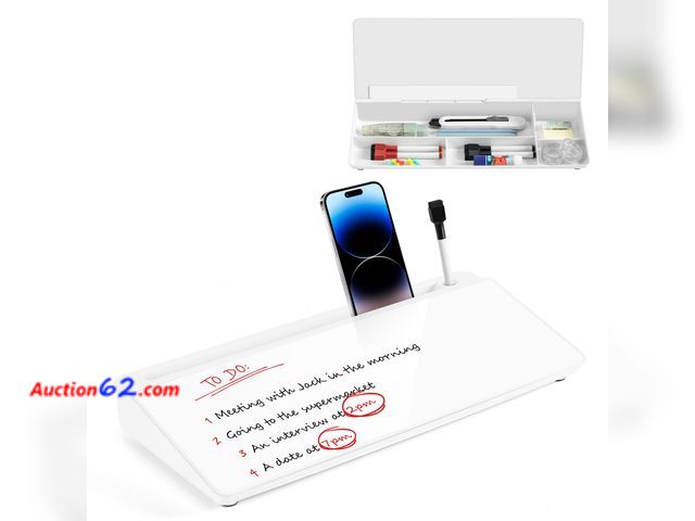 Lot 44-1950e - VUSIGN Glass Desktop Whiteboard with Storage, Small Organizer Dry Erase Board Desk Board Buddy White Board, Desktop Computer Pad for Notetak...
