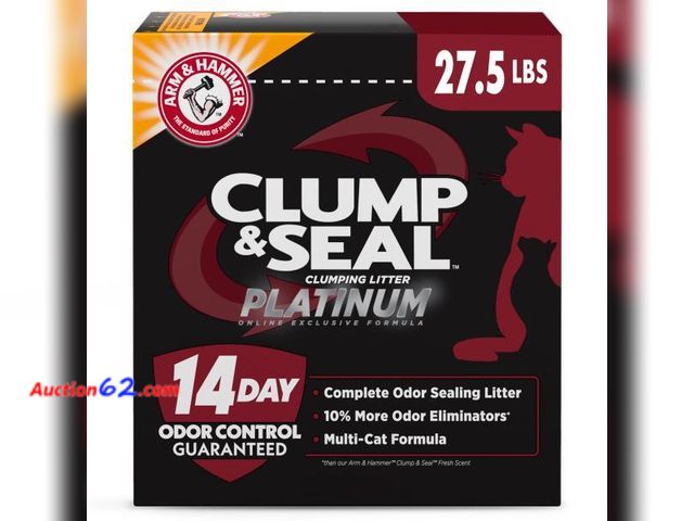 Lot 44-179b - ARM &amp; HAMMER Clump &amp; Seal Platinum Clumping Cat Litter Odor Control, Multi-Cat, 14-Day Odor Control, Online Exclusive Formula, 27.5 ...