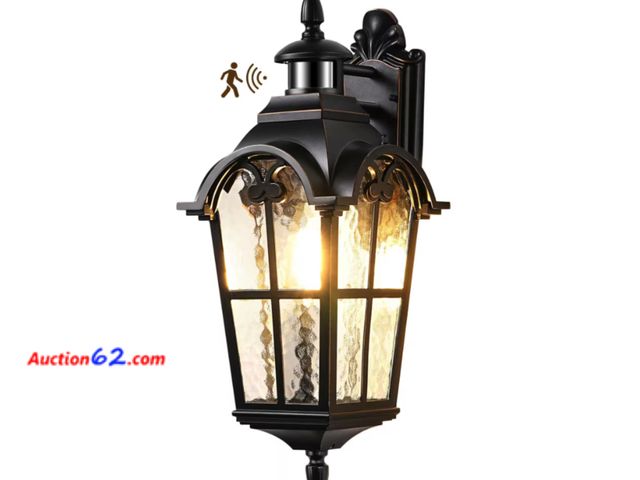 Lot 44-697b - Retail value $80- 20.2 in. Large Size Black Motion Sensing Dusk to Dawn Outdoor Hardwired Wall Lantern Scone with Water Ripple Glass 1. Appe...