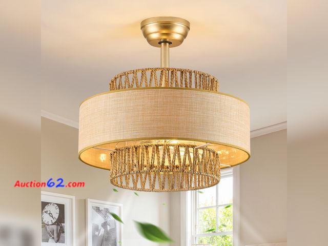 Lot 44-1879 - $169.99 Retail price - HLMRCHEN Boho Ceiling Fan with Light and Remote Rattan Chandelier Fan Enclosed Caged Fandelier Ceiling Fan with Light...
