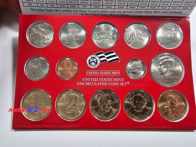 Lot 44-8540p - 2008 DENVER MINT SET. INCLUDES JAMES MONROE, JOHN QUINCY ADAMS, ANDREW JACKSON, MARTIN VAN BUREN AND SACAGAWEA DOLLARS, OKLAHOMA, NEW MEXICO...