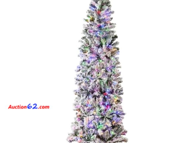 Lot 44-6955w - 6ft Pre-Lit Snow Flocked Artificial Pencil Christmas Tree w/ Warm White or Multicolor Lights Appears New, A basic inspection has been given ...