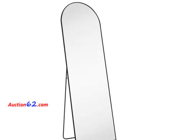 Lot 44-280p - Retail of $73- FIRNEWST 21 in. W x 64 in. H Aluminium Alloy Frame Black Arched Floor Mirror with Floor Stand  Appears New, A basic inspectio...