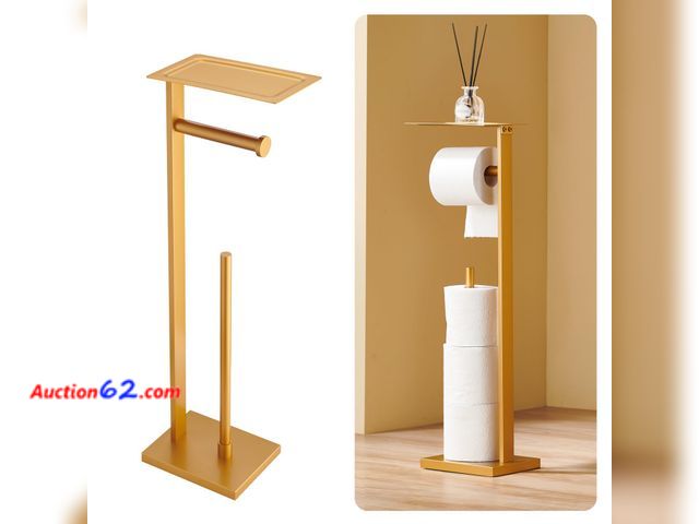 Lot 44-162 - Chiunikoo Freestanding Toilet Paper Holder with Storage Tray, Stainless Steel Paper Roll Dispenser, Square Design (Black &amp; Gold) Appears...