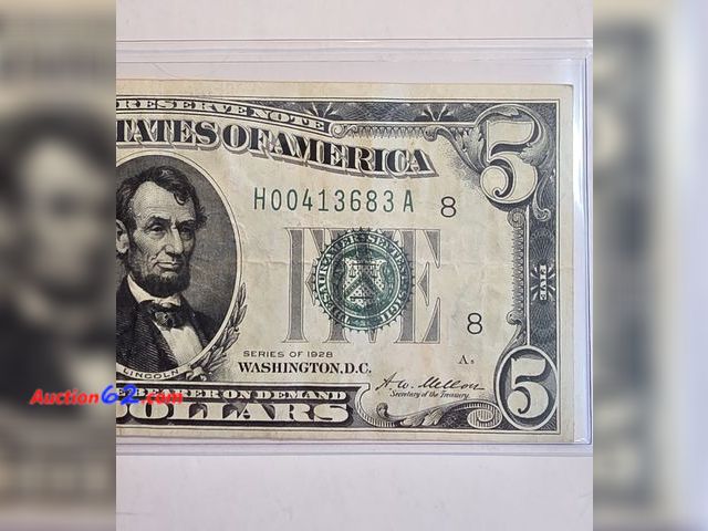 Lot 44-8359k - 1928 $5 GREEN SEAL LEGAL TENDER NOTE. NEARLY UNCIRCULATED. FROM THE GOOD OLD DAYS WHEN MONEY SAID "REDEEMABLE IN GOLD ON DEMAND" AND "THE US...