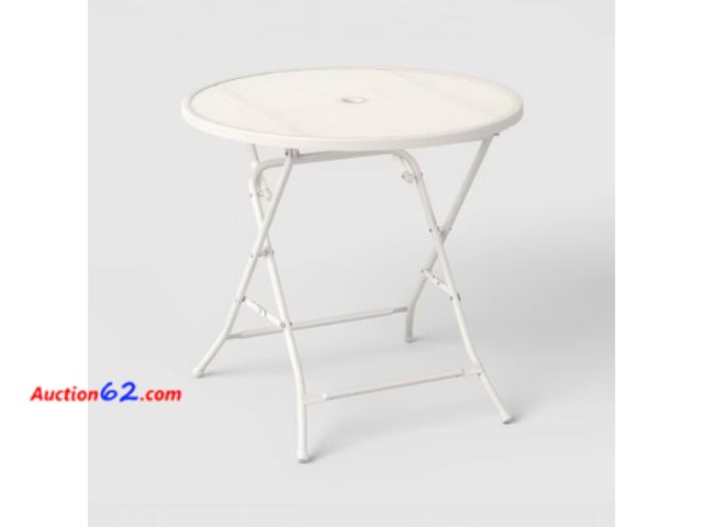 Lot 44-262e - White Round Metal Folding Patio Table with Umbrella Hole See All Photo's Appears New, A basic inspection has been given to this item. Sold A...