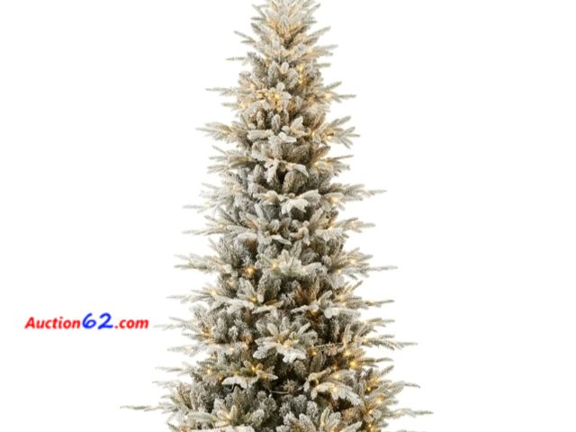 Lot 44-6996w - 9ft Pre-Lit Flocked Artificial Aspen Noble Fir Christmas Tree w/ Metal Stand Warm White and Multicolor Lights Appears New, A basic inspectio...