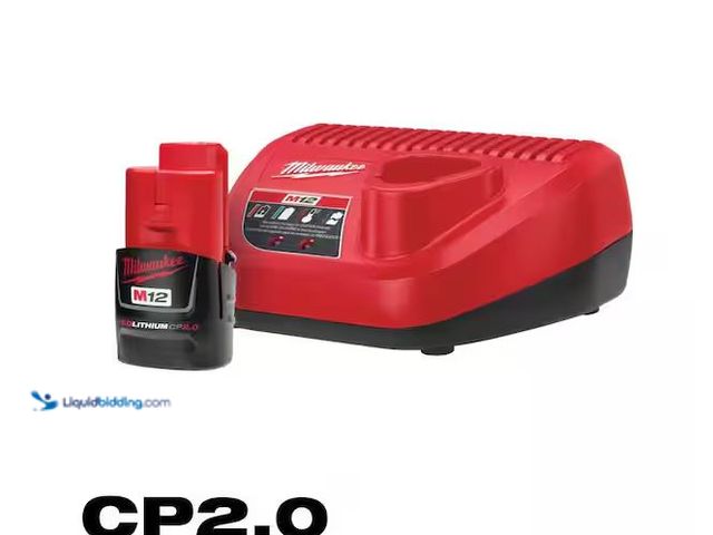 Lot 49-1576741 - Milwaukee M12 12-Volt Lithium-Ion Compact Battery Pack 2.0Ah and Charger Starter Kit Model # 48-59-2...