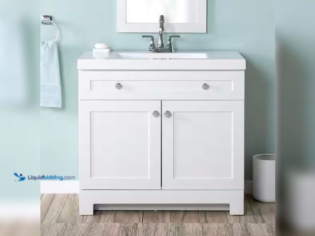 Lot 49-1569573 - Glacier Bay Everdean 37 in. Single Sink White Bath Vanity with White Cultured Marble Top (Assembled)...