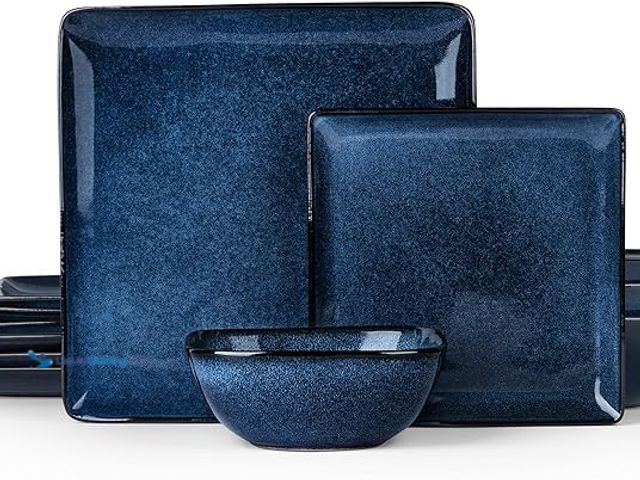 Lot 49-5446810 - E-far Square Plates and Bowls Sets, 12-Piece Stoneware Dinnerware Sets for 4, Reactive Glaze Dish Se...