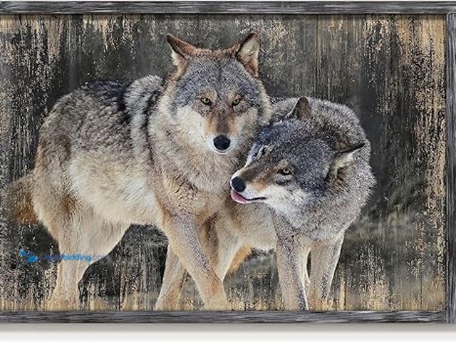 Lot 49-5411714 - Wolves Framed Wall Art Decor: Modern Wildlife Wooden Painting Rustic Wolf Natural Landscape Picture ...