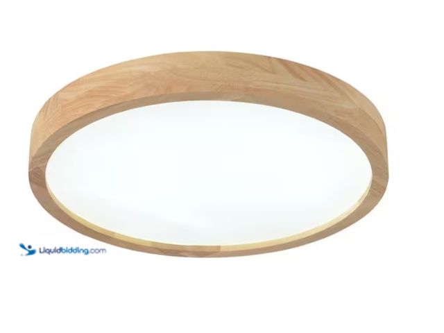Lot 49-1575875 - 15.74 in. Log Color Wood Dimmable Flush Mount LED Ceiling Light with Remote and Integrated LED Light...