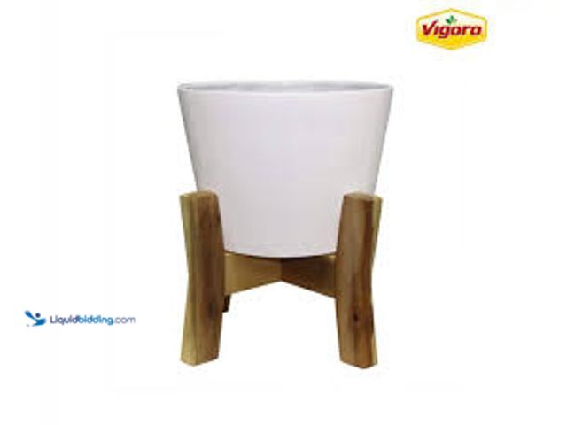 Lot 49-5488483 - Vigoro Shevlin Large White Resin Planter with Wood Stand (16 in. L x 16 in. W x 19.9 in. H). Model #...