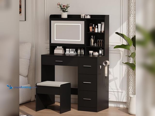 Lot 49-1548419 - Vanity Desk with a Mirror and Lights with Chair and Four Drawers, Three Adjustable Lighting Modes wi...