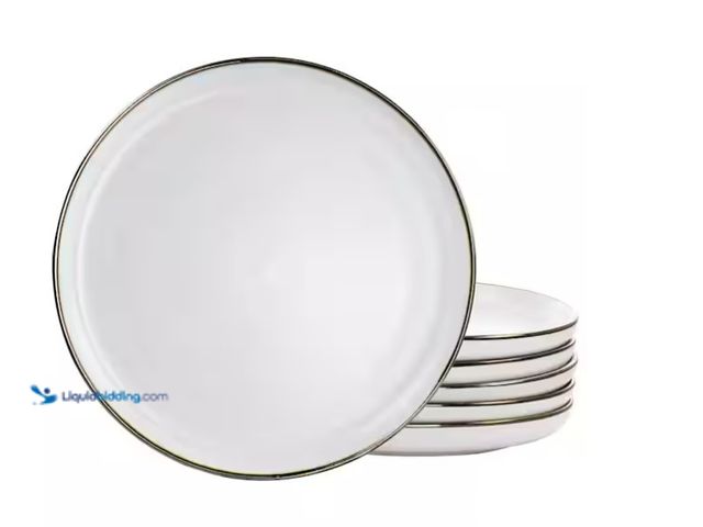 Lot 49-1571040 - Elama Arthur 6 Piece Stoneware Dinner Plate Set in Matte White with Gold Rim, Model # 985116271M, Un...