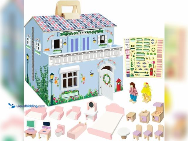 Lot 49-5437816 - DIY Wooden Dollhouse with 3 Sticker Sheets – Create 2 Styles (White & Pink), Foldable Design with Po...