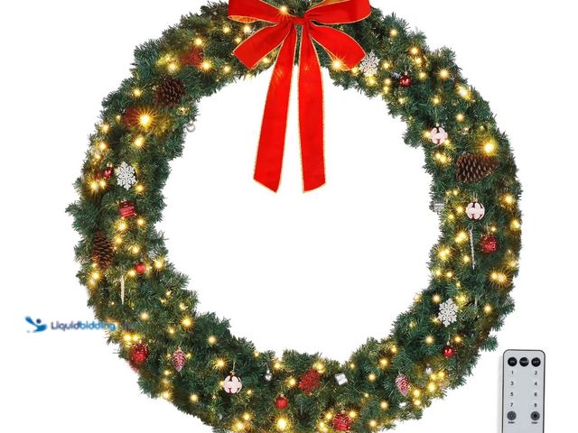 Lot 49-1542301 - Zimtown 4ft Round Outdoor Christmas Wreath Decoration Garland Garden w/ 220 Lights 600 Branches, Mod...