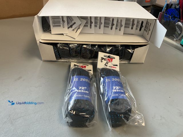 Lot 49-3503944 - LOT OF 2 TEX-STYLE CASES OF 12 EACH INDIVIDUALLY WRAPPED HOCKEY LACES 72 INCH BLACK/BLUE NEW OLD STO...