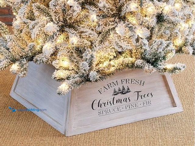 Lot 49-1541762 - Glitzhome 26" L Washed White Wooden Tree Collar, Rustic Trapezoid Tree Stand Cover Farm Fresh Christ...