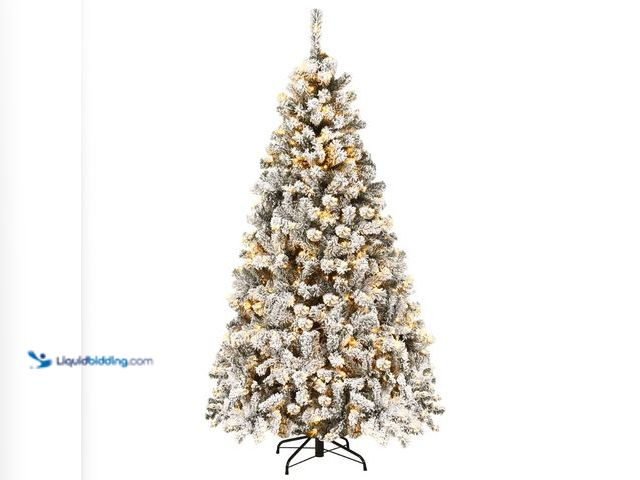 Lot 49-3529097 - Costway 6 ft Pre-Lit Premium Snow Flocked Hinged Artificial Christmas Tree with 250 Lights (attachme...