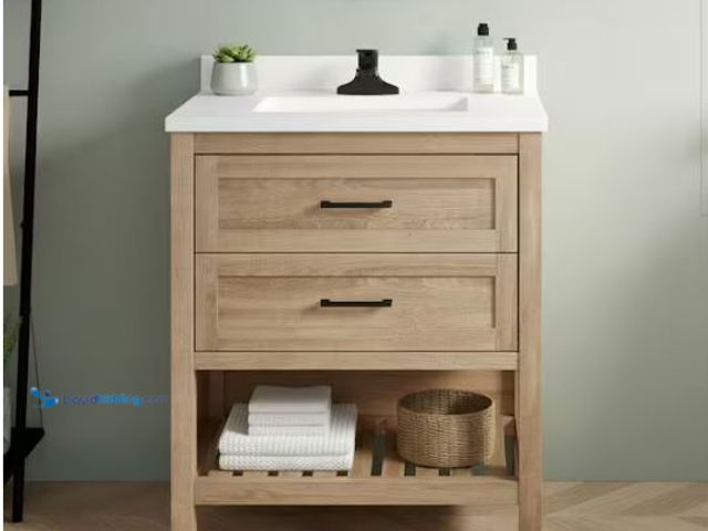 Lot 49-1624676 - Home Decorators Collection Autumn 30 in. Single Sink Freestanding Weathered Tan Bath Vanity with Whi...
