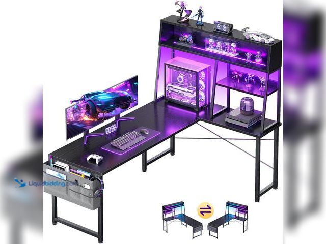 Lot 49-3565831 - AODK L Shaped Gaming Desk with Led Lights, 59 Inch Reversible Gaming Computer Desk with Display Shel...