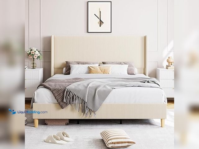 Lot 49-5448866 - GarveeHome Queen Bed Frame, Upholstered Platform Corduroy Bed Frame with Vertical Channel Tufted Win...