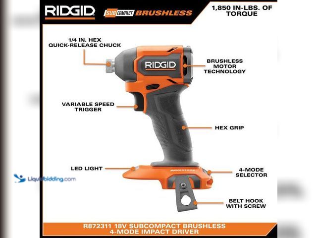 Lot 49-5452437 - RIDGID
18V SubCompact Brushless Cordless Impact Driver Kit with 2.0 Ah Battery, Charger, and Tool B...