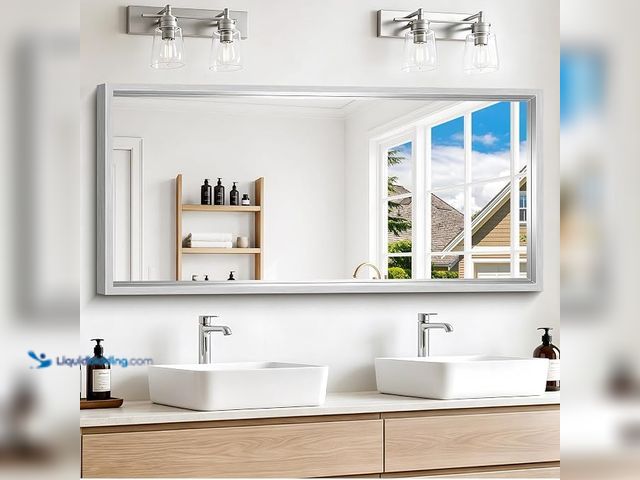 Lot 49-1630858 - 60 x 28 inch Brushed Silver Bathroom Mirror, Metal Framed Large Rectangle Mirror, Frame Mirrors for ...