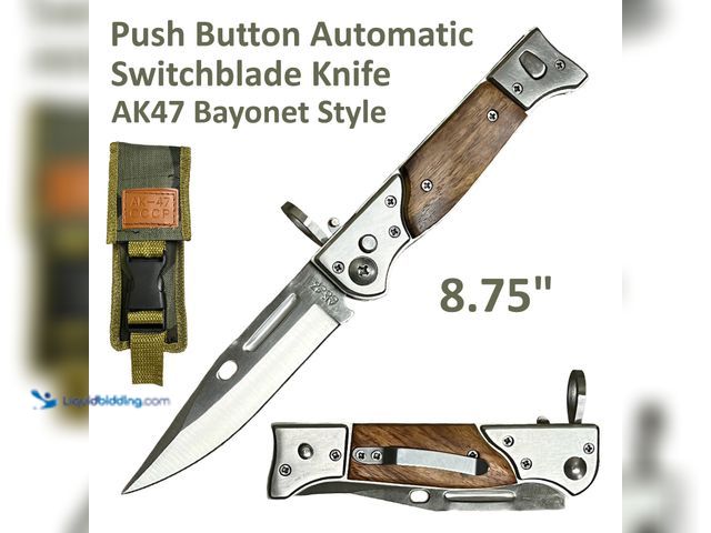 Lot 49-1616319 - AK47 Bayonet Style Push Button Automatic Switchblade Knife 8.75" with Wood Handle and Nylon Pouch - ...