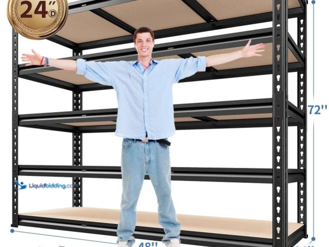 Lot 49-1553968 - REIBII 48.2"W x 24“D Garage Shelf, 3000LBS Heavy Duty Steel Shelving Units, 5-Tier Adjustable Metal ...