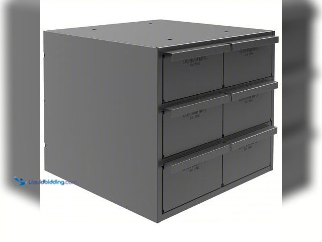 Lot 49-5476628 - DURHAM MFG Drawer Bin Cabinet: 11 3/4 in x 12 1/4 in x 11 in, 6 Drawers, Stackable, Steel, Gray. Ite...