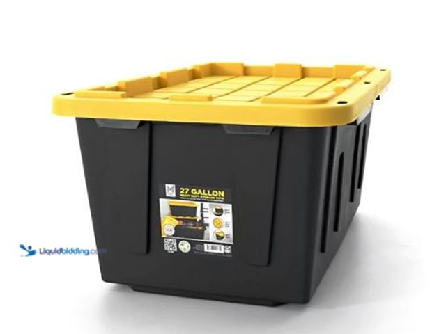Lot 49-5545718 - Member's Mark 27 Gallon Heavy-Duty Black and Yellow Storage Tote, 20.6" D x 30.6" W x 14.3" H, 4 pac...