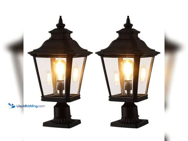 Lot 49-5547937 - 2 Outdoor Solar Clear Glass Post Lantern. Black. Used slightly. Has attachments.