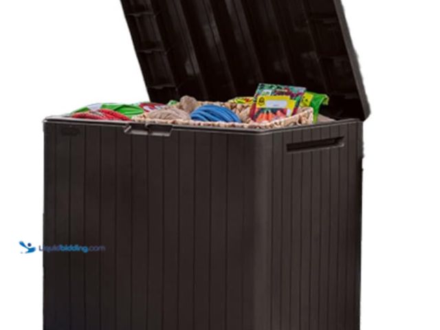 Lot 49-1622946 - Keter City 30 Gallon Resin Outdoor Storage Box and Patio Furniture Side Table for Pool and Garden Ac...