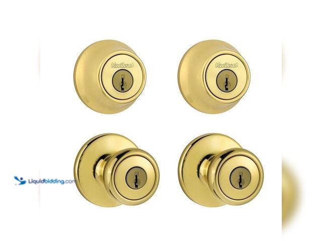 Lot 49-5452532 - Kwikset
Tylo Polished Brass Exterior Entry Door Knob and Single Cylinder Deadbolt Project Pack Comb...