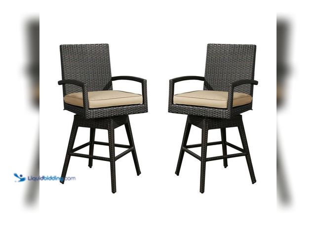 Lot 49-5414237 - Swivel Wicker Outdoor Bar Stool with Beige Cushion (2-Pack), Model#830003, Unused.