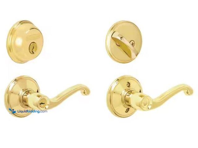 Lot 49-1573179 - Lot of (4), (1)- Schlage Plymouth Bright Brass Double Cylinder Deadbolt and Keyed Entry Door Knob Co...
