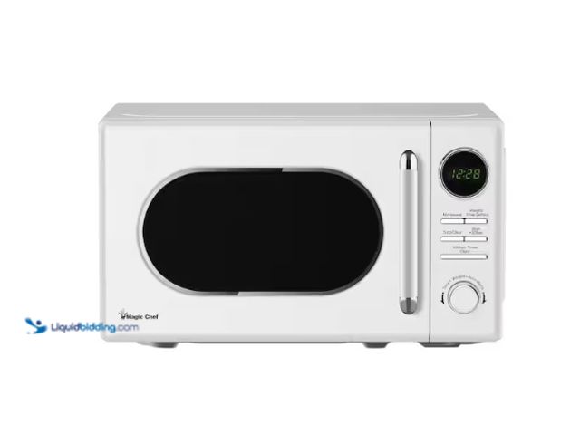 Lot 49-1566629 - Magic Chef 0.7 cu. ft. Retro Countertop Microwave in White, Model # MC77CMW, Powers On. Unused  Ref#...