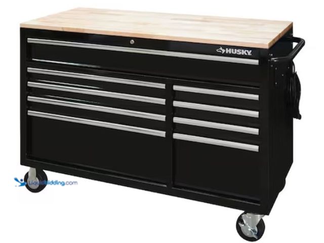 Lot 49-1598846 - Husky 52 in. W x 25 in. D Standard Duty 9-Drawer Mobile Workbench Tool Chest with Solid Wood Top in ...