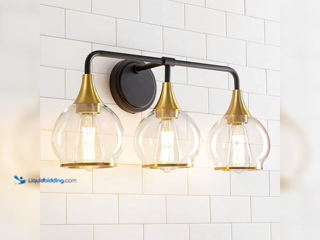 Lot 49-3462969 - Black and Gold Bathroom Vanity Light 3-Lights Bathroom Light Fixtures Over Mirror with Clear Glass S...